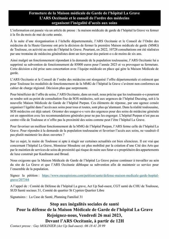 Peut être une image de texte qui dit ’Fermeture Maison information ala mois 'hôpital des Grave article cette de 'hopital sein trentaine P'ARS 'hopital Pourtant, les malgré subvention prise répondant de moins réalisées toulousaine, 'année médicalo Occitanie gère modalités régional. Médicale bénéficier Maison non que 'hôpital réponse, offre maintenir proximité fonctionnement demande leux ouvertes être 'hôpital 'est 'hôpital Grave, uxe sur exigeons mobilisé silencieux. création Cité ensemble 'hôpital Occitanie débloque pétition puisse l'appel travailler service Comité Signataires La Case santé l'hôpital grave, quartier Cyprien Quartier Santé, Planning Familial inégalités sociales Médicale CHU de Toulouse, la défense Guy santé de l'hôpital 26 mai partir Grave Occitanie, Sud-ouest) 12H’